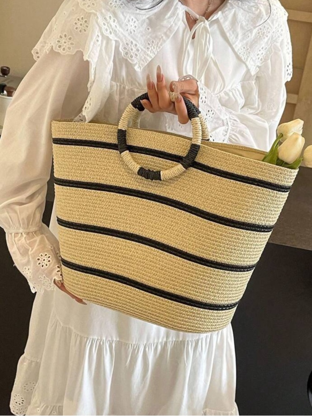 Elegant Beige and Black Striped Tote Bag